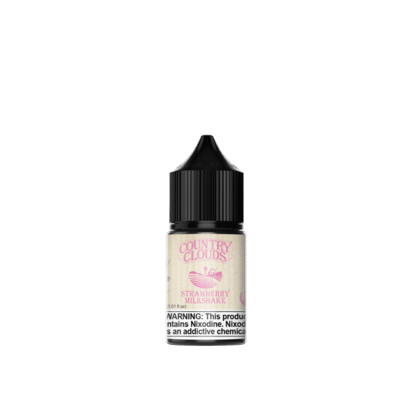Country Clouds Strawberry Milkshake E-liquid bottle, 30ml, featuring sweet strawberry flavor and creamy vanilla ice cream.